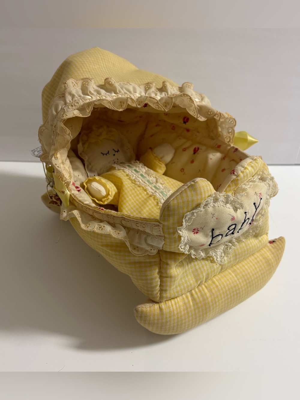 Vintage Handmade Baby Doll Bed Bassinet & Doll Cuddle Plush Yellow Lace Gingham